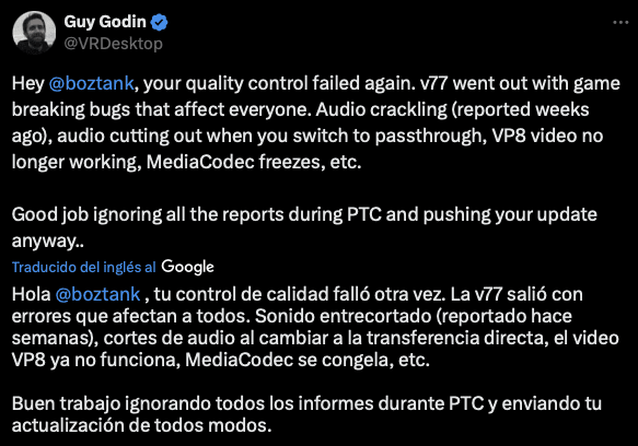 La v77 de Meta Quest tiene problemas y está rota